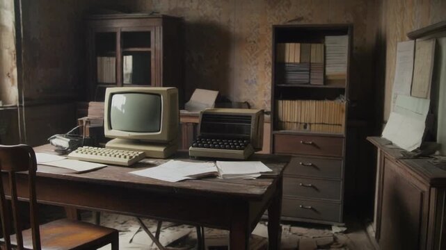 Abandoned desk with computer and typewriter in old office