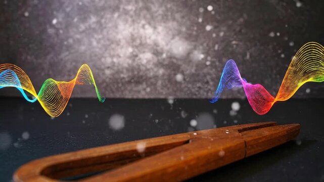 Wooden tuning fork with colorful sound waves against a dark background, representing sound and music.