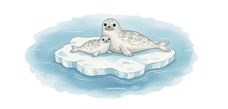 Happy mother seal and baby pup resting on an ice floe in blue water with a calm expression