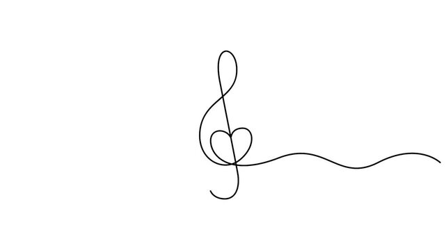 Self animated minimalist one-line drawing of a treble clef- G-clef icon with a heart shape illustration