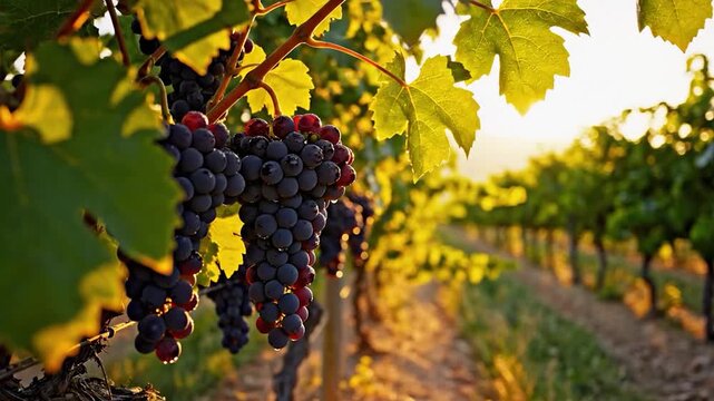Ripe grapes hang heavy on vines in a sun-drenched vineyard at dusk