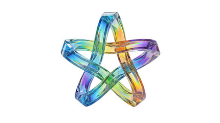Iridescent glass star knot sculpture in holographic style with rainbow light refraction.