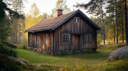 Obraz premium Secluded Wooden Cabin in an Autumnal Forest