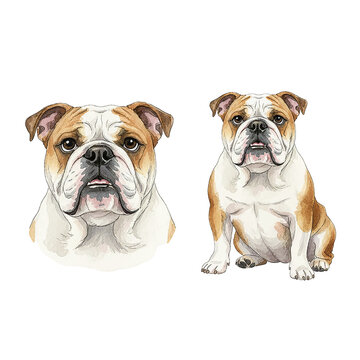 A detailed watercolor illustration of two friendly bulldogs one a headshot and the other sitting looking calm