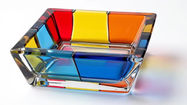 A colorful square glass bowl with geometric design, perfect for modern home decor and artistic display.