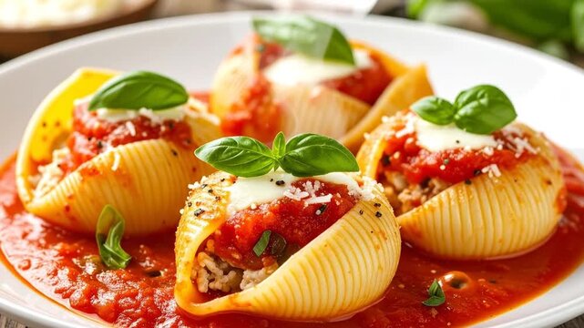 Delicious stuffed pasta shells with tomato sauce, basil, and cheese, a culinary delight.