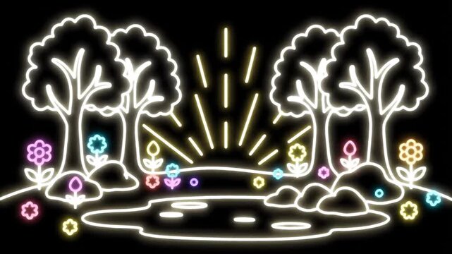 Neon Line Art Landscape At Night Garden Fountain.
