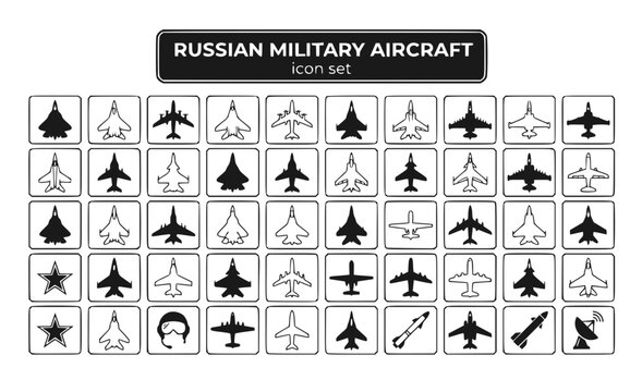 Russian Military Aircraft Fighter Bomber Su-57 MiG Combat Jet Attack Strategic Air Force Aviation Defense Warplane Vector Icon Set - Russian Aviation