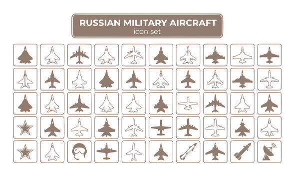 Russian Military Aircraft Fighter Bomber Su-57 MiG Combat Jet Attack Strategic Air Force Aviation Defense Warplane Vector Icon Set - Russian Aviation