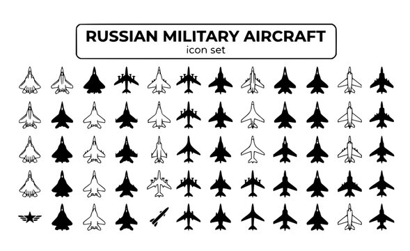 Russian Military Aircraft Fighter Bomber Su-57 MiG Combat Jet Attack Strategic Air Force Aviation Defense Warplane Vector Icon Set - Russian Aviation