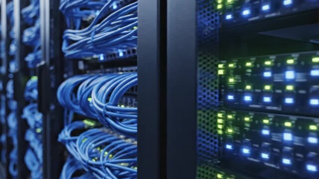 Server room with rows of network equipment and blue cables