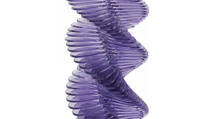 Abstract parametric helical sculpture in translucent purple glass style. Triple helix spiral design on white background.