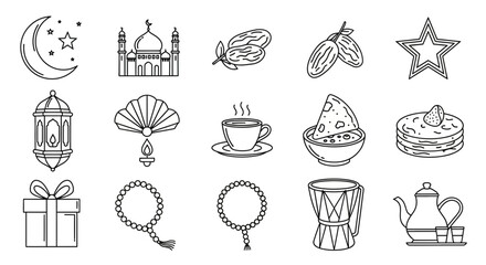 A collection of Islamic icons including a crescent moon, mosque, dates, star, lantern, fan, coffee cup, bowl of food, stack of pancakes, gift box, prayer beads, drum, and teapot.