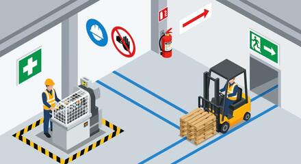 Illustration of workers in a factory setting with safety monitoring system, wearing work helmets and vests, operating a forklift and machine.