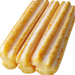 Fototapeta premium Golden churros dusted with sugar close-up view isolated on white background