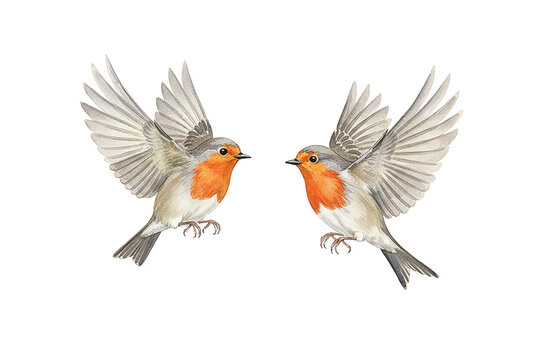 Two European robins in dynamic flight facing each other with wings wide open on a clean white background watercolor