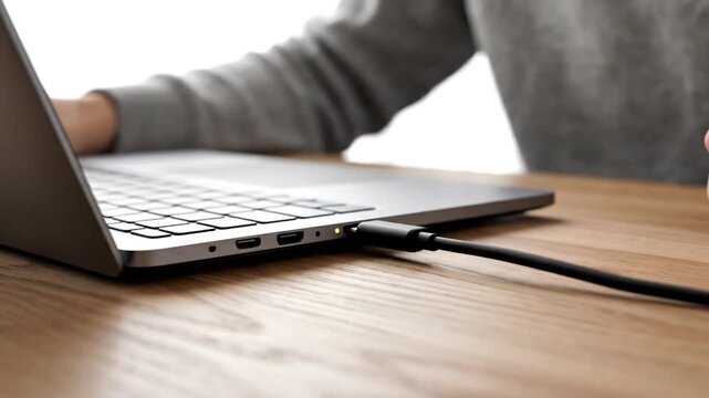 A close-up view of hands plugging a cable into a laptop on a wooden desk