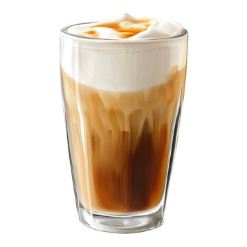 Iced caramel macchiato in glass creamy swirled coffee drink isolated on white background