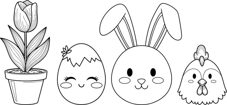 Cute Easter coloring page elements featuring a tulip flower in a pot, decorated egg, bunny rabbit face, and little chick.