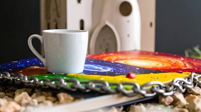 A white coffee cup rests on a tray with a colorful design, with a decorative et and chain.