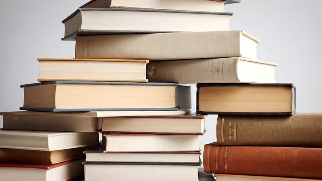 A stack of books arranged in a pyramid shape against a simple white background, symbolizing knowledge.