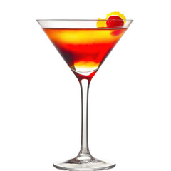 Elegant martini glass with cherry garnish and colorful layered drink isolated on white background