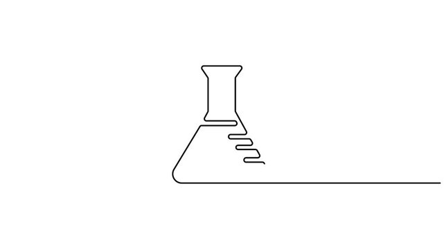 Self animated minimalist single line-art drawing of an Erlenmeyer flask, conical flask, Single one line drawing of laboratory flask animation