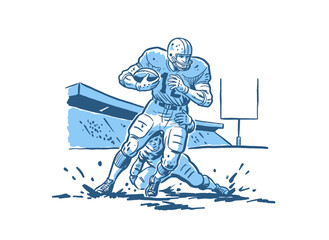 Fototapeta premium Football action sketch design. Vintage American football artwork. Player tackling runner graphic print. Touchdown illustration for apparel. Champion l