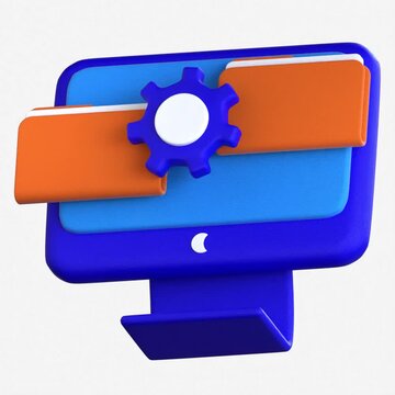 3D illustration of a computer monitor with folders and a gear setting icon representing system organization and data processing