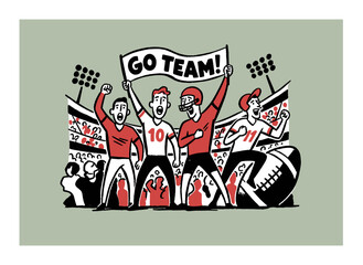 Fototapeta premium Football fan celebration artwork. Go team graphic print design. Sports illustration for t shirt and apparel. American football game day. Vintage carto