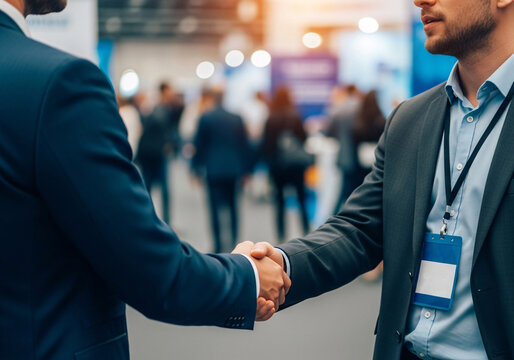 Two businessmen shaking hands at a business conference event.