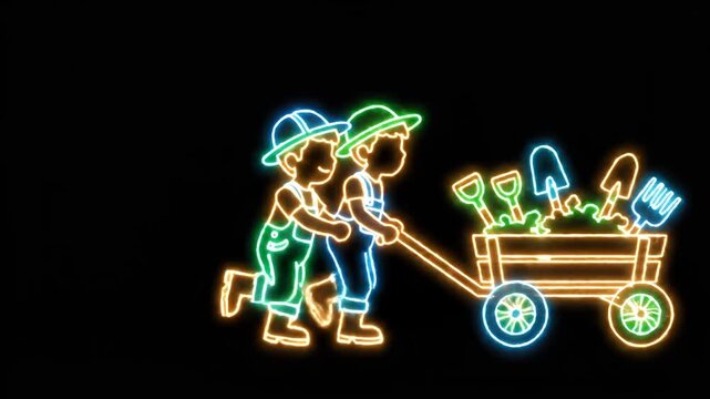 Neon Night Market Scene With Laughing Vendors.