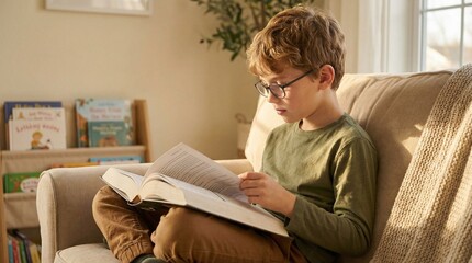 Young boy reading a book while sitting on a sofa in a cozy room  