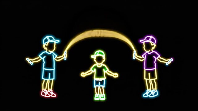 Neon Chalk Drawn Children Jump Rope Under Night Sky.