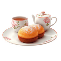 Two powdered muffins with tea cup and teapot on floral plate isolated on white background