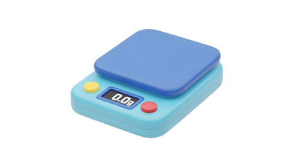 3D  Digital kitchen scale with blue platform and LCD display on a white background, viewed from an angle