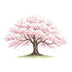 Obraz premium Beautiful full bloom pink cherry blossom tree standing tall on green grass with delicate falling petals watercolor illustration