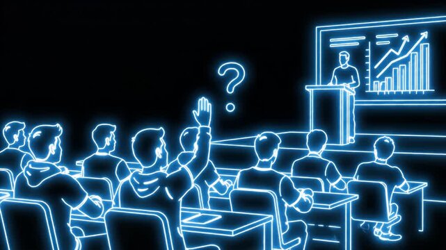 Neon conference lecture audience listening to presenter.