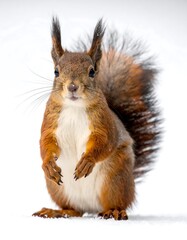 A fluffy squirrel stands upright, facing the camera with a striking red-brown coat, snowy backdrop