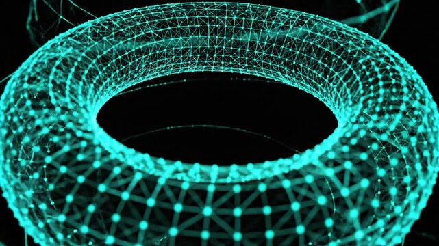 Abstract 3D rendering of a torus shape with connected dots and lines, on a black background.