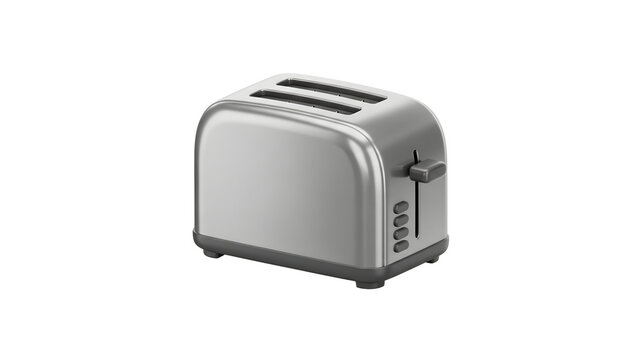 Two-slice stainless steel toaster for making breakfast toast isolated on a plain transparent background for advertising.