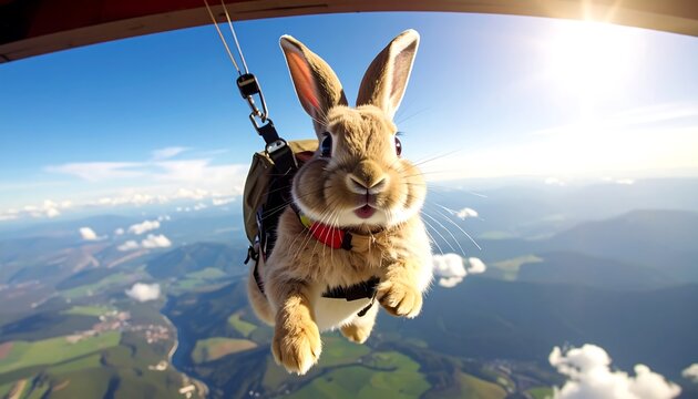 A fluffy bunny rabbit parachutes from a plane over rolling hills under a bright blue sky