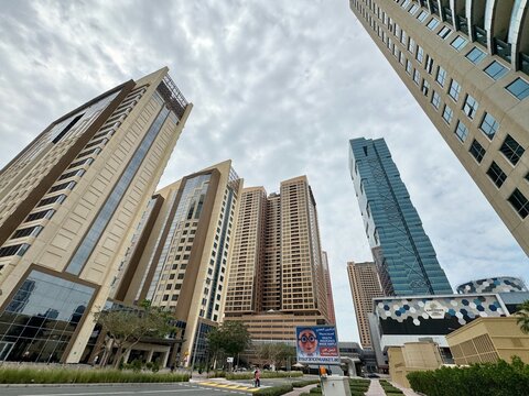 Skyline of Barsha Heights district with Mercure Hotel Suites and commercial skyscrapers, Dubai, UAE, May 2024 