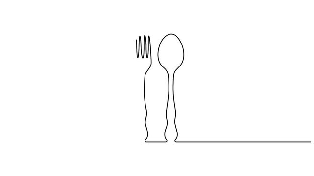 Self animated minimalist, continuous one line drawing of a spoon and a fork, Single one line drawing of spoon and fork animation