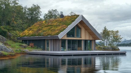 Fototapeta premium Stunning Lakeside Cabin with a Green Roof