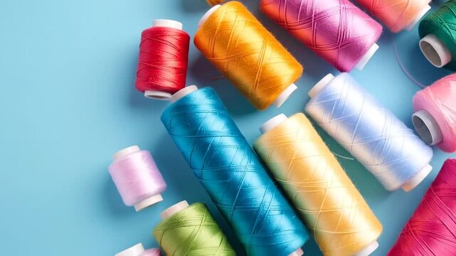 Colorful spools of thread arranged on a vibrant blue background, perfect for sewing and crafting projects.