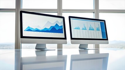 Fototapeta premium Dual Monitors Display Dynamic Data Charts Reflected In A Sleek Glossy Desk Surface, Symbolizing Modern Technology, Digital Analytics, Productivity, And Professional Workspaces