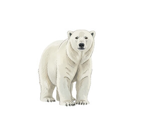 Fototapeta premium A majestic polar bear standing calmly in a snowy winter forest looking straight ahead watercolor illustration