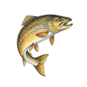 Dynamic Brown Trout Fish Leaping with Mouth Open in Vibrant Watercolor Splatter Illustration