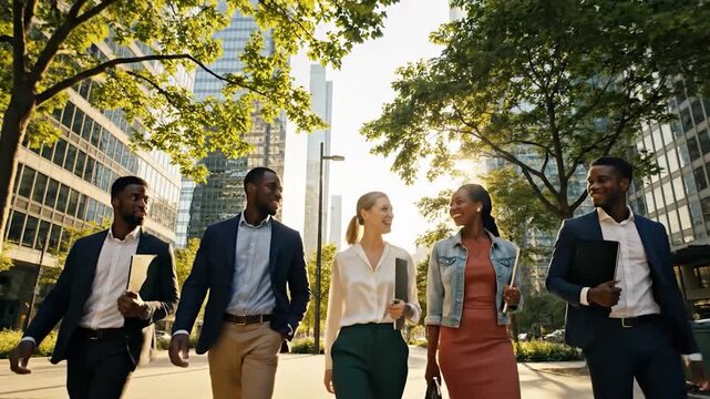 Diverse professionals stride confidently past sleek city buildings at sunrise